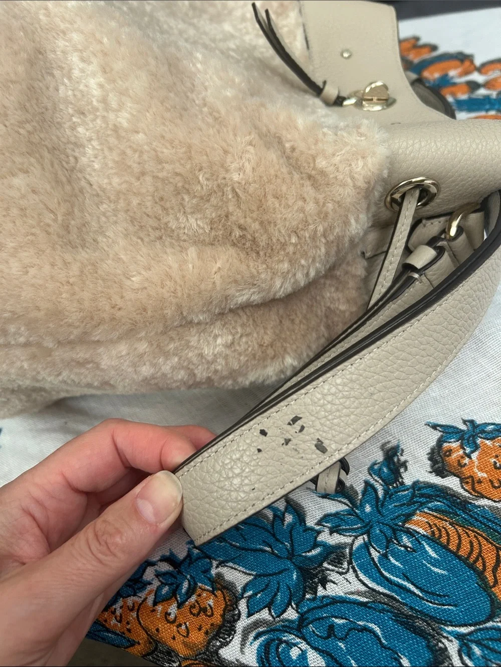 kate spade Soft Beige Shearling Shoulder Bag with Leather Trim